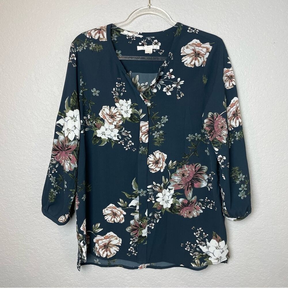 C & E Navy Slate Floral Textured Structured Blouse Size L